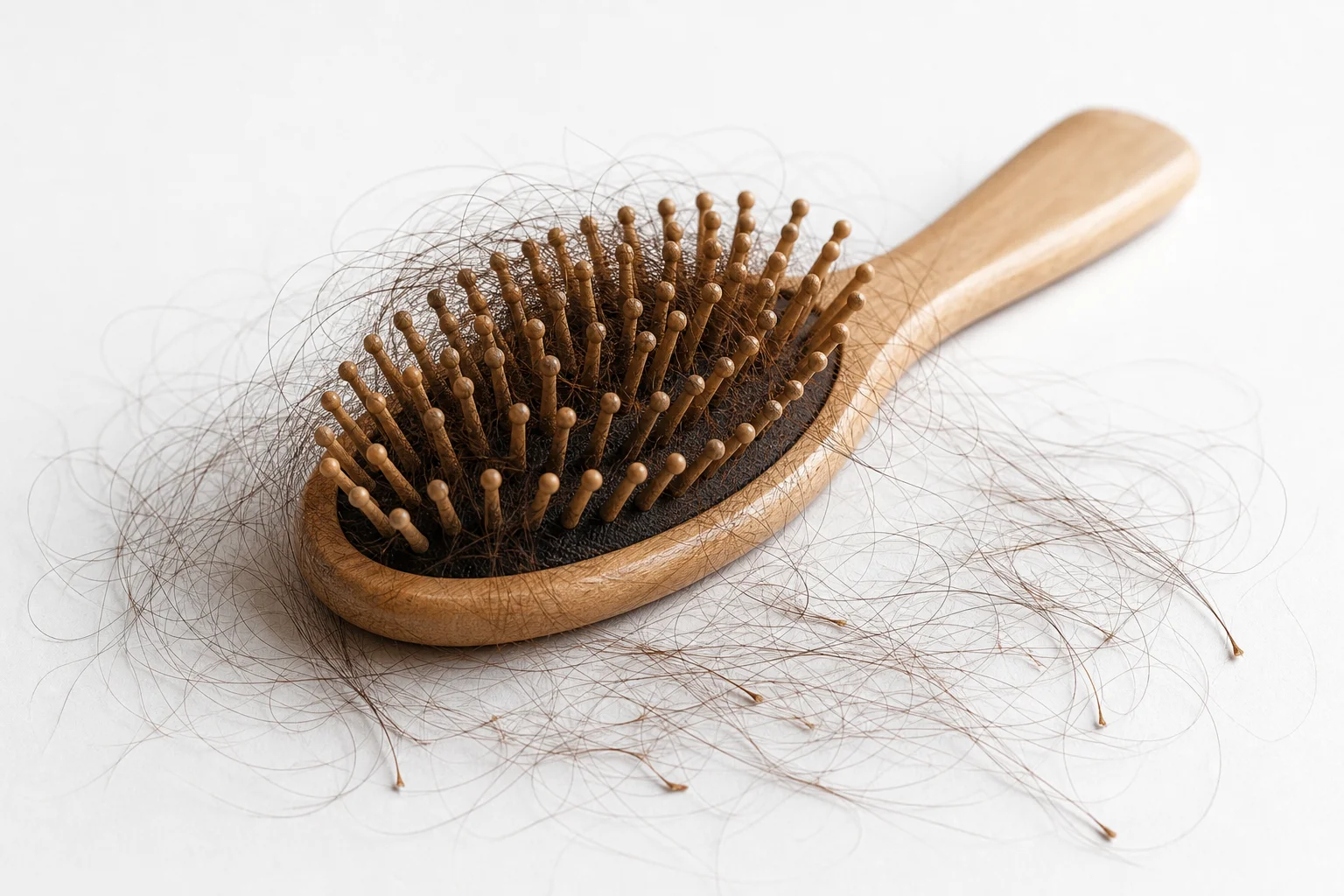 Brosse à cheveux avec cheveux tombés et bulbes blancs visibles — chute diffuse excessive typique de l'effluvium télogène