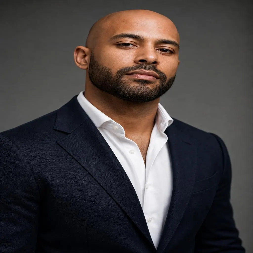 La combinaison crâne rasé et barbe soignée crée un look masculin équilibré Homme chauve avec une barbe soignée et style vestimentaire élégant