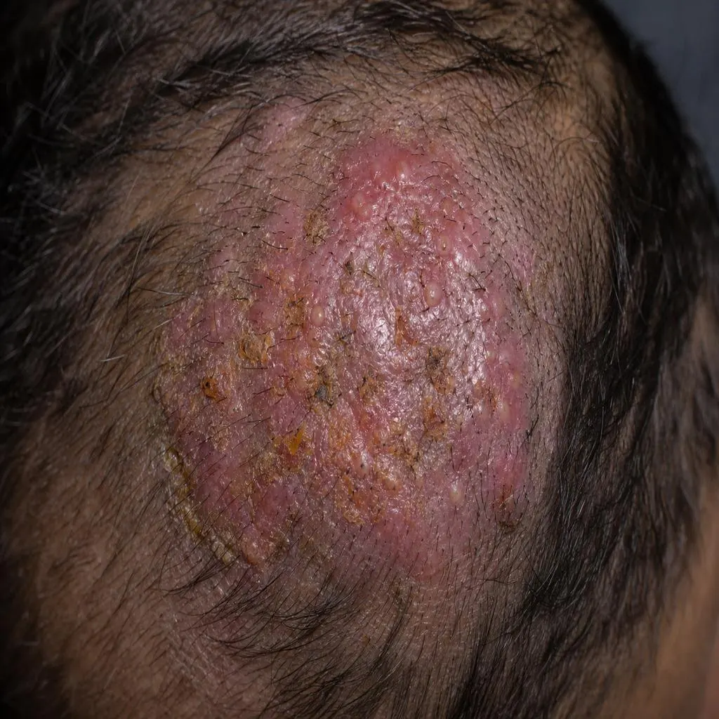 Le kérion est une réaction inflammatoire intense à l'infection fongique Représentation clinique d'un kérion du cuir chevelu avec inflammation sévère