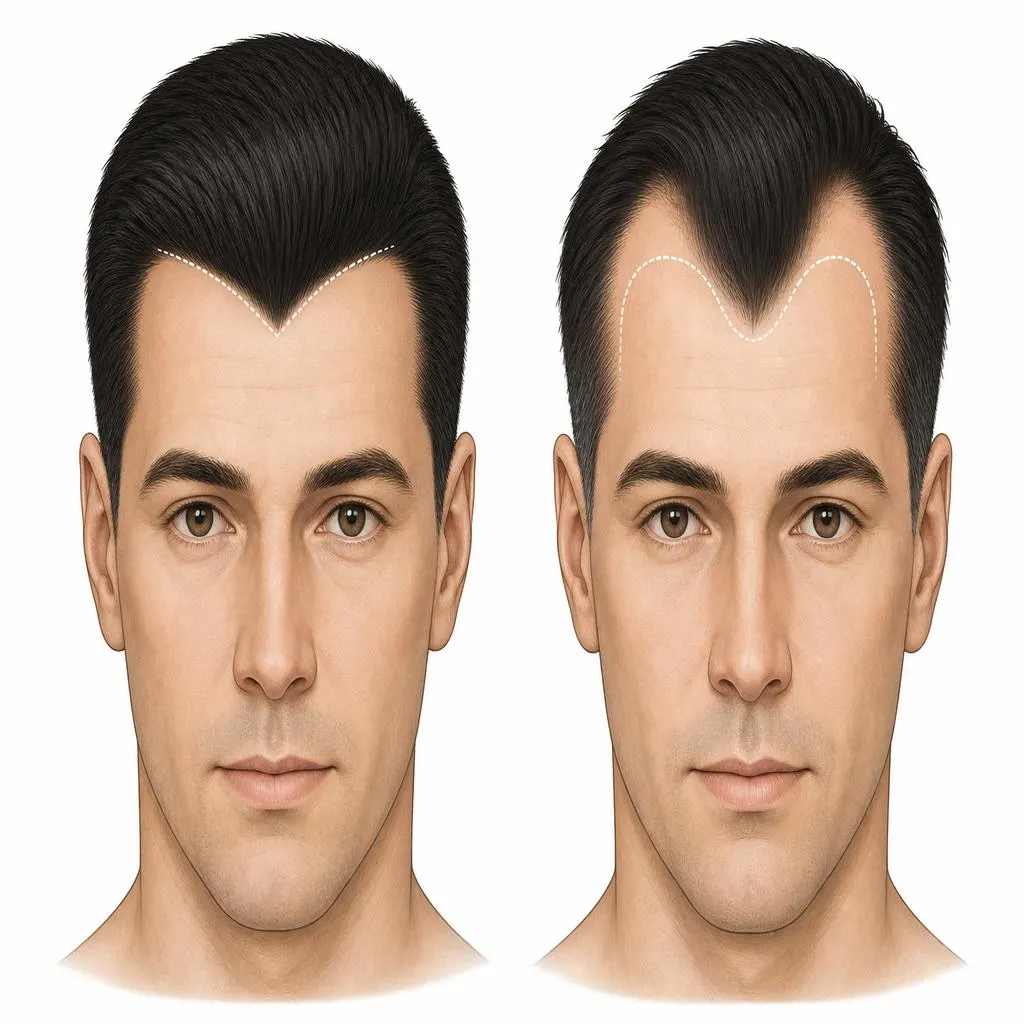 Différents types de lignes frontales masculines incluant ligne en V naturelle