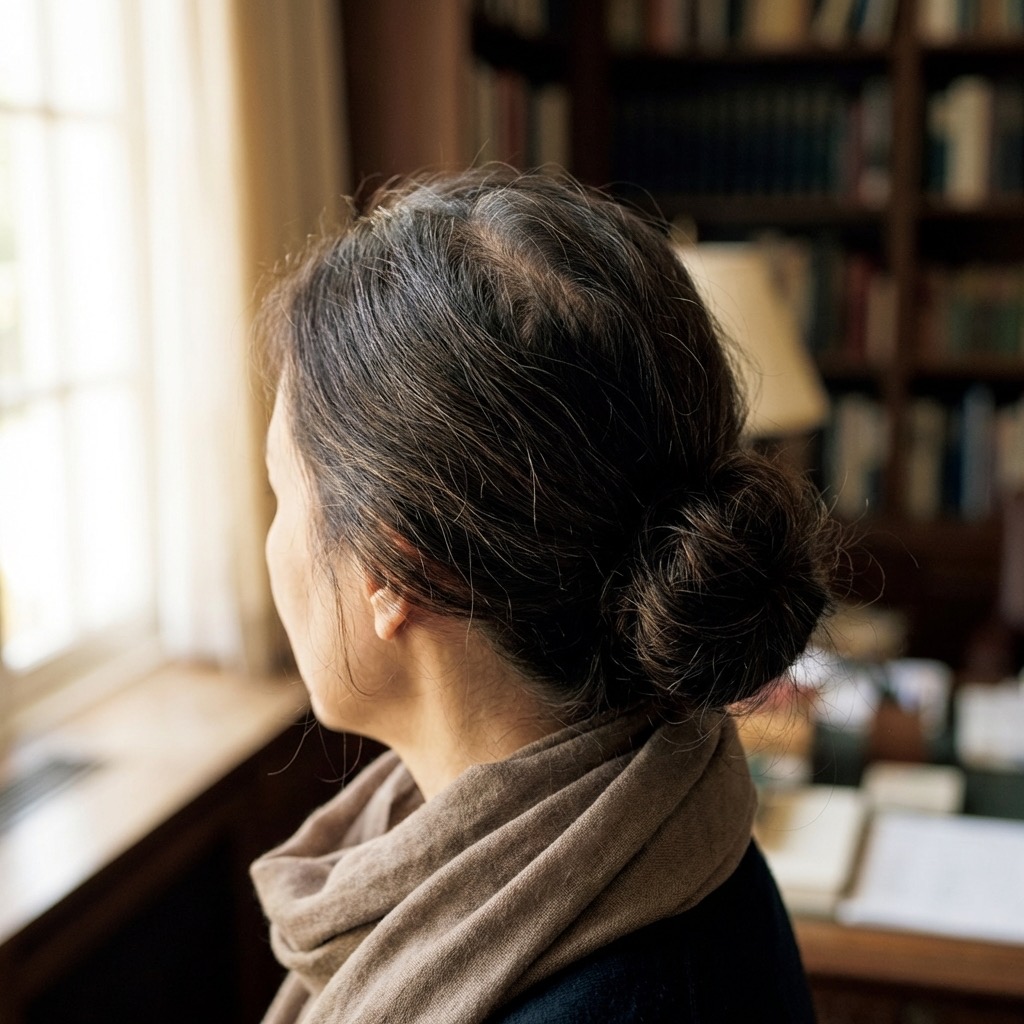Femme examinant ses cheveux clairsemés au niveau de la raie centrale