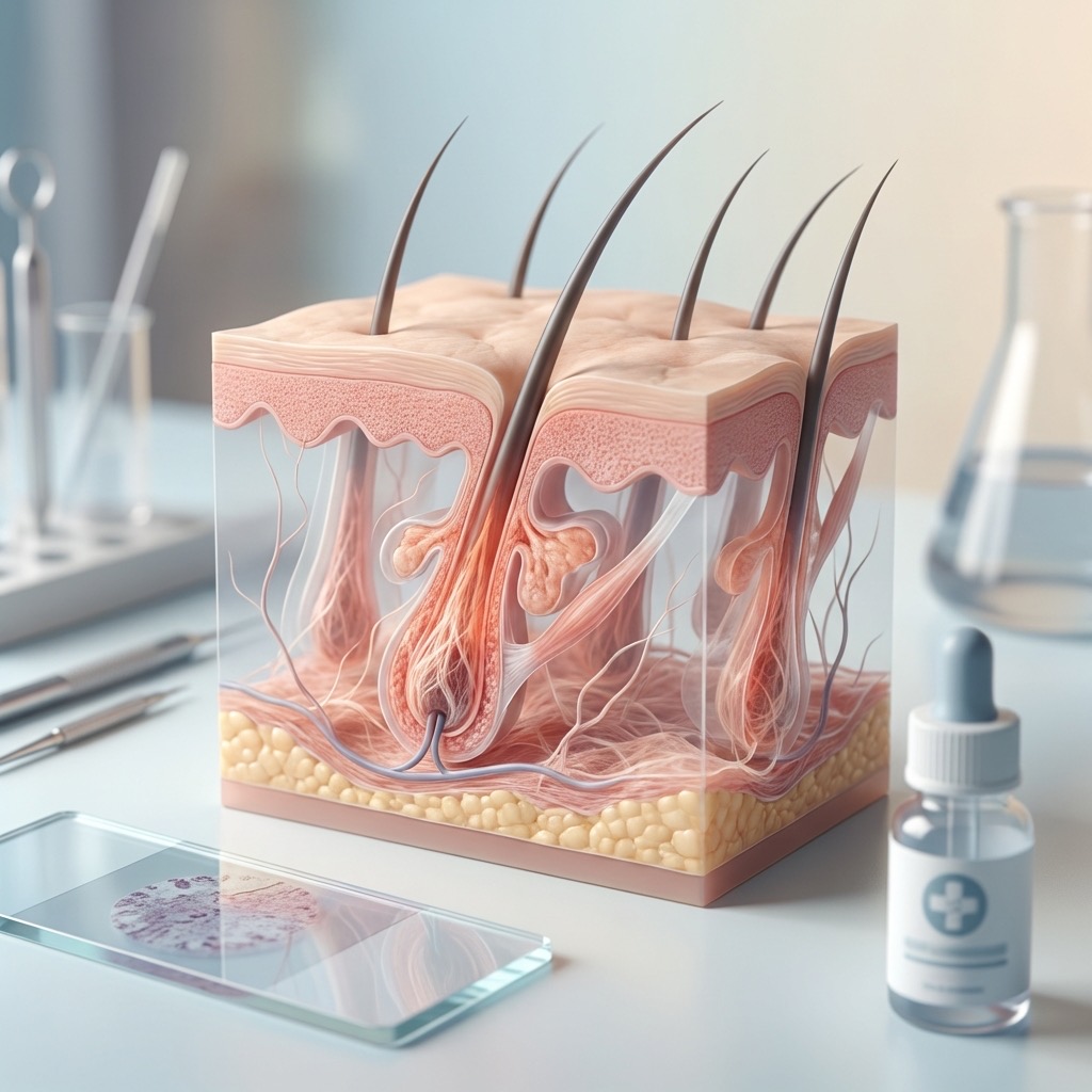 Illustration médicale de l'alopécie cicatricielle montrant la destruction des follicules