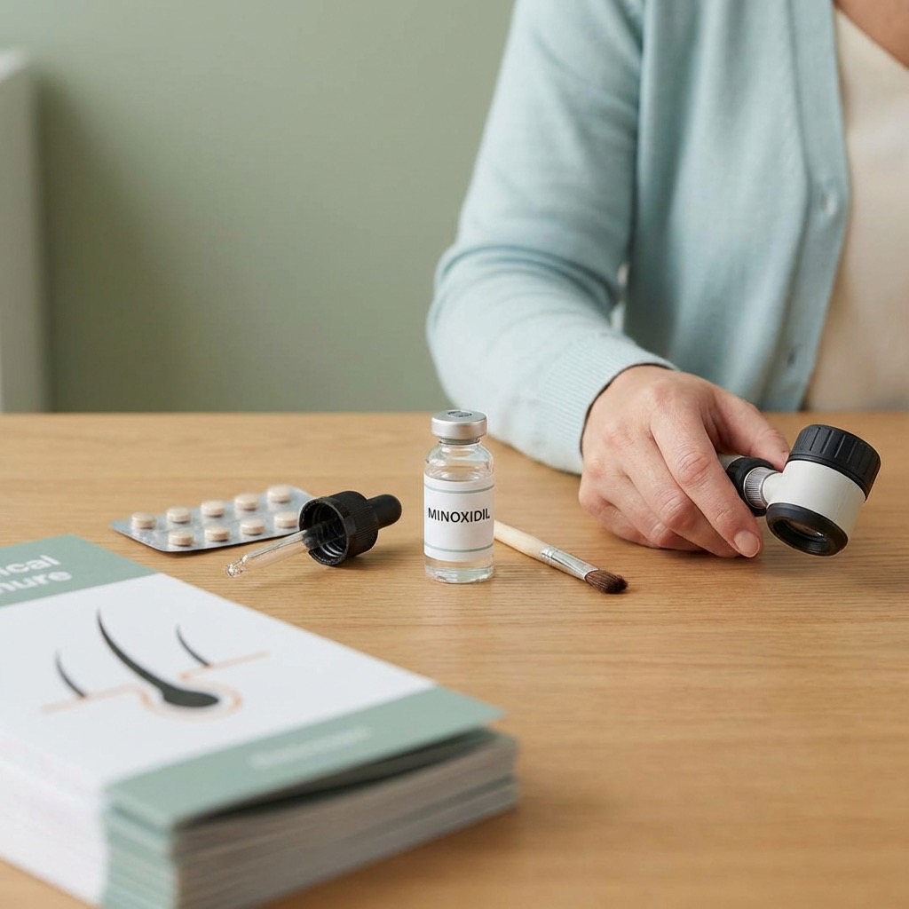 Différents traitements médicamenteux pour l'alopécie disposés sur une table