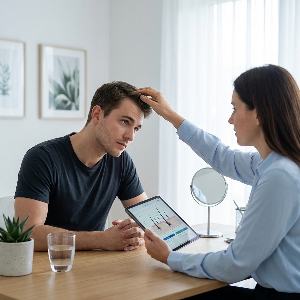 Comparaison photo montrant l'évolution d'une calvitie débutante chez un jeune homme de 20 ans