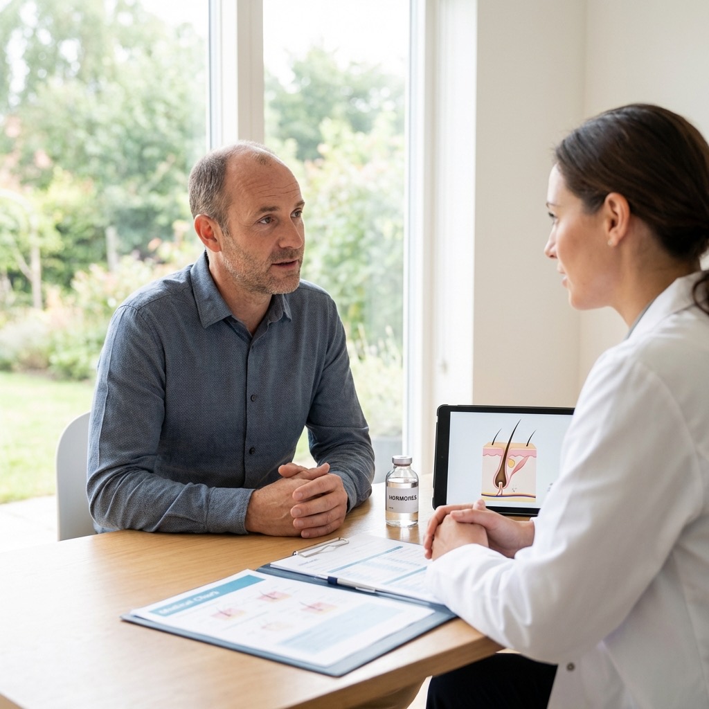 Schéma illustrant le lien entre testostérone, DHT et calvitie masculine